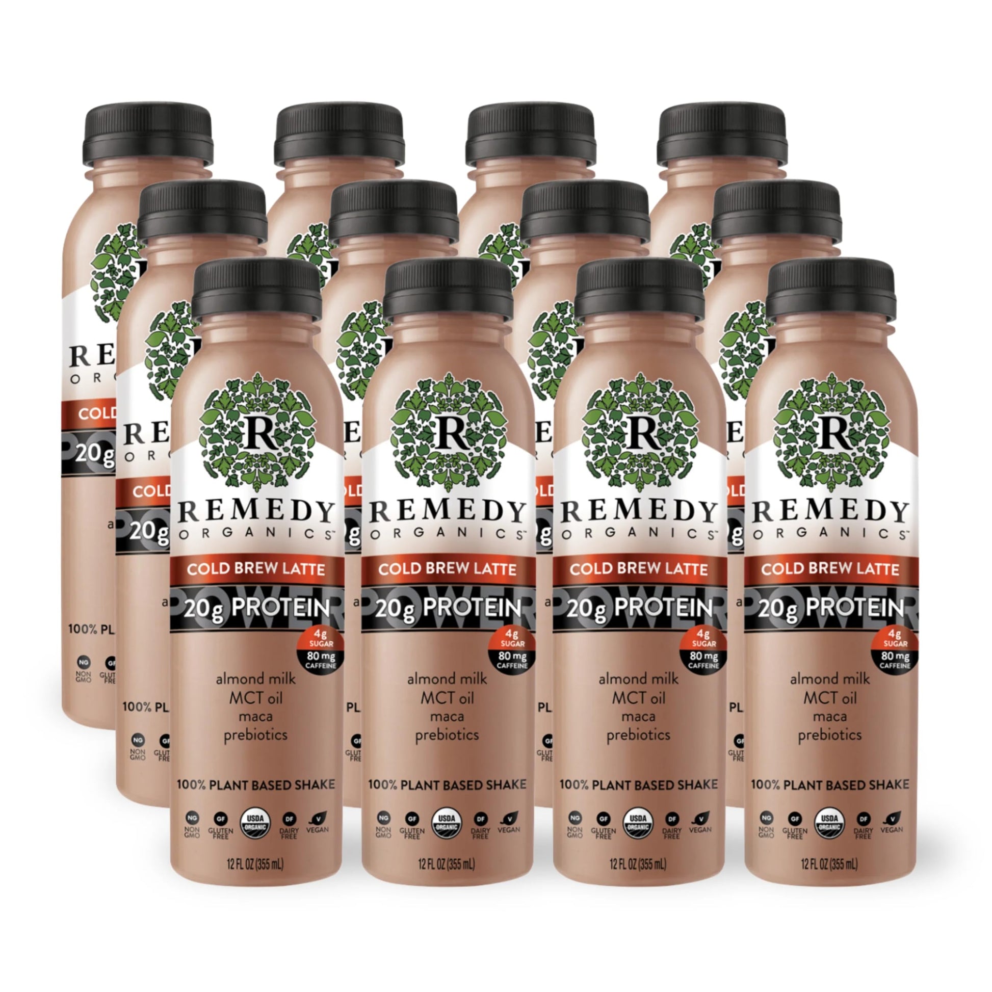 Remedy Organics Cold Brew Latte Power 12-Pack | Plant Based Mct Oil Protein Shakes, Ready To Drink | Usda Organic, Vegan, Gluten Free, Dairy Free, Soy Free | 12 Cold Brew Latte Bottles