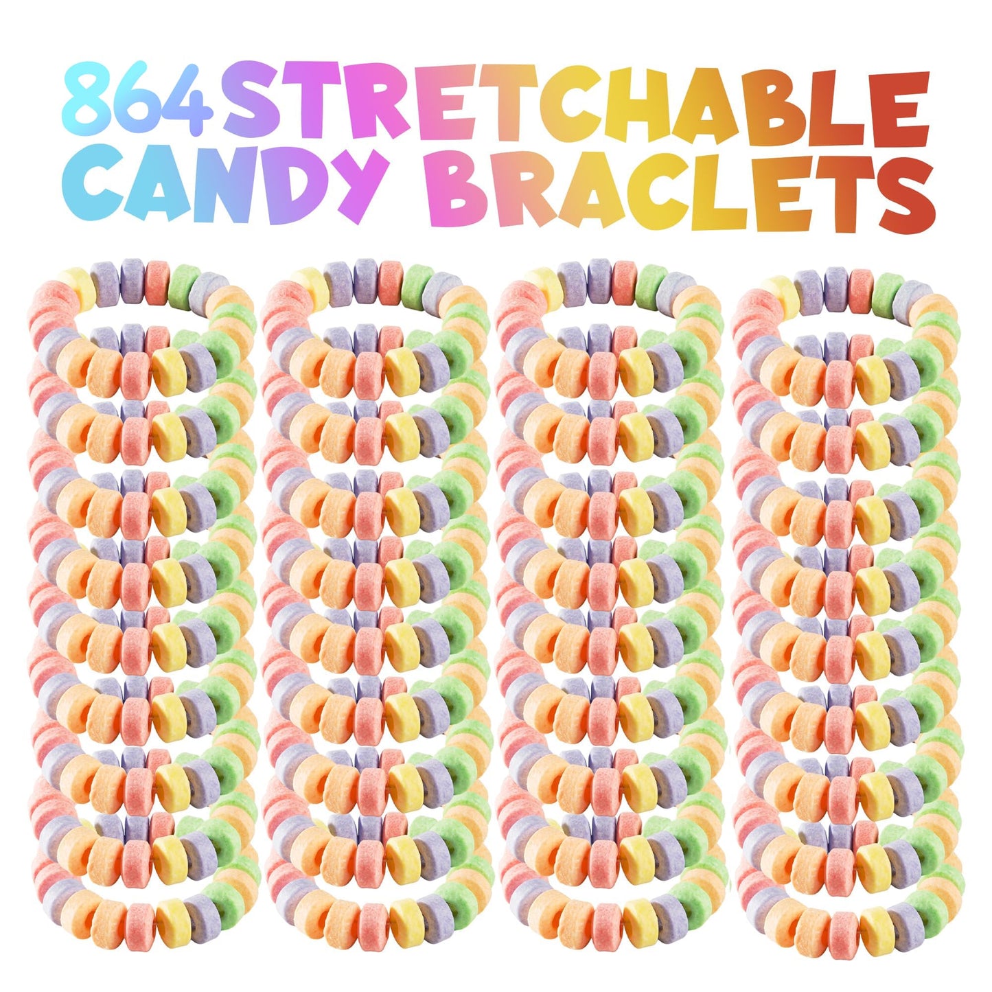 Candy Bracelets - Bulk Case 864 Pcs, Individually Wrapped - 2.5 Inch Candy Jewelry Bracelets, Stretchable, Edible, Colorful Frui