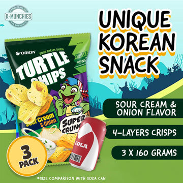 K-Munchies Orion Turtle Chips - Large 3 X 160-Gram Sour Cream And Onion Flavor Korean Chips - Big Bag, Party Size Tasty, Crispy