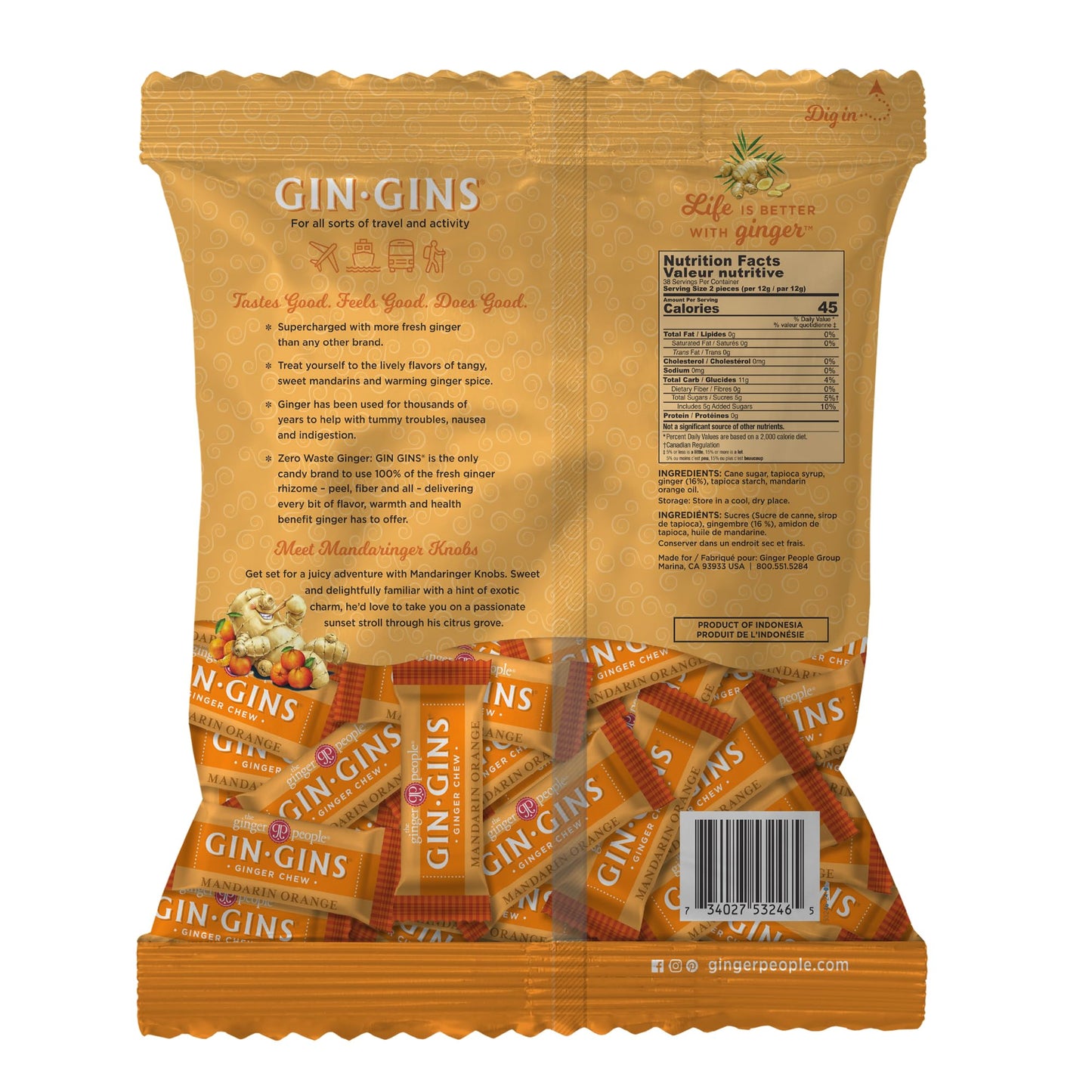 The Ginger People GIN GINS Mandarin Orange Ginger Chews - 1 lb Bag - Individually Wrapped Healthy Candy