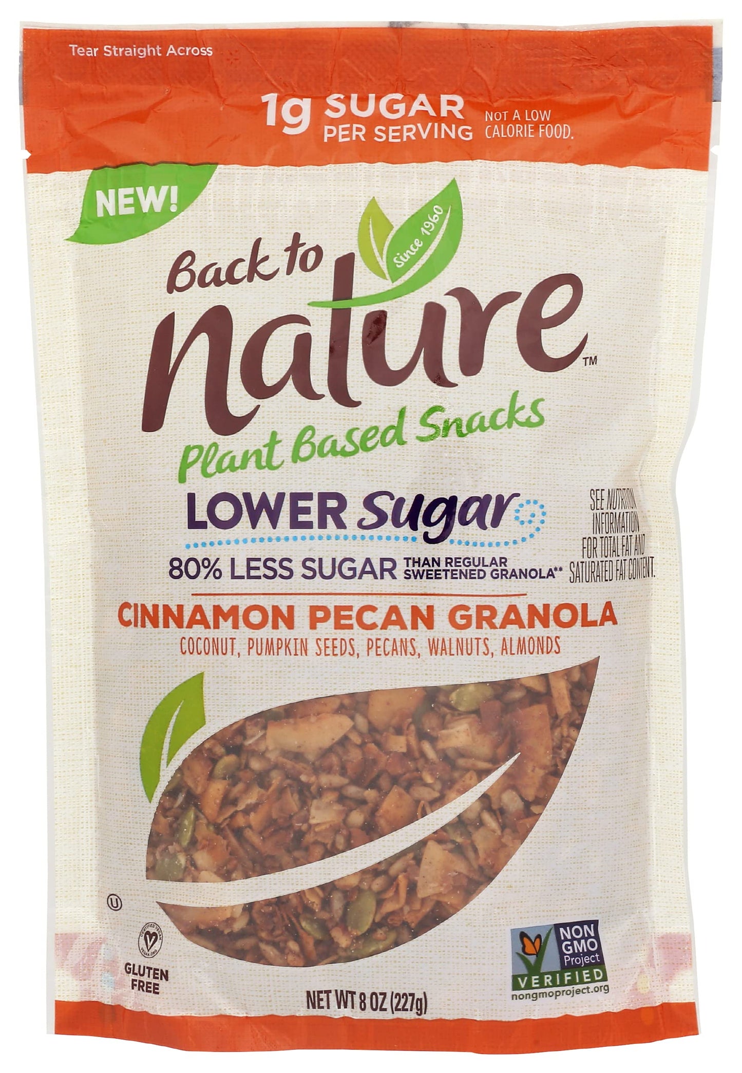 Back To Nature Lower Sugar Granola Non-Gmo Cinnamon Pecan 8 Ounce
