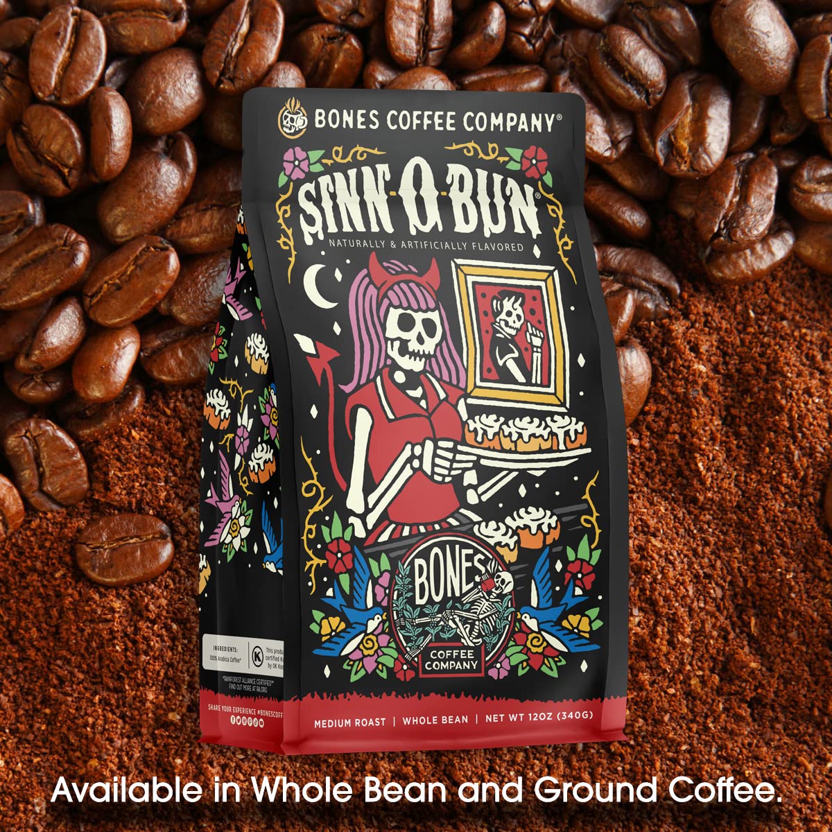 Bones Coffee Company Cinnamon Roll Flavored Coffee, Medium Roast Low Acid Arabica Beans Compatible with Auto drip and French Pre