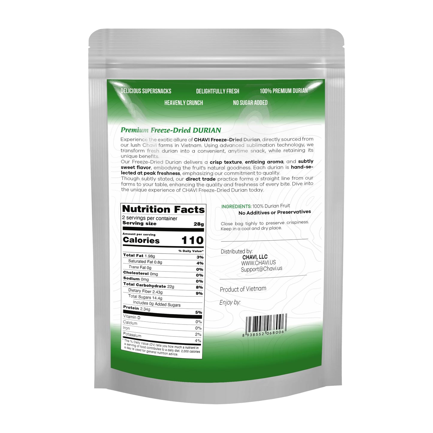 CHAVI Freeze-Dried Durian (King of Fruits) - 2 Oz - Healthy 1 Ingredient Superfood - Family Supersnacks - No Added Sugars or Pre