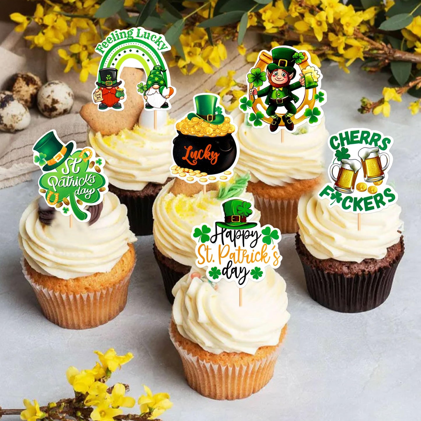 Ercadio 24 Pack Happy St Patrick'S Day Gno-Me Cupcake Toppers St Patrick'S Day Cupcake Picks Green Gno-Me Cake Toppers For Irish