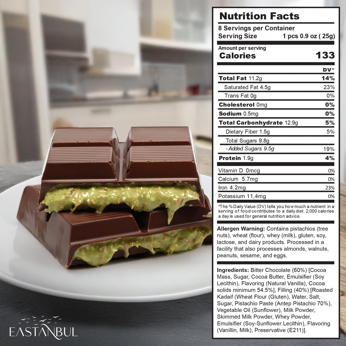 Eastanbul Dubai Dark Chocolate Bar Pistachio, 7Oz, Enhanced Belgium Chocolate, Pistachio Dubai Bar, Viral Candy With Shredded Phyllo Dough, Knafeh, Gift Box