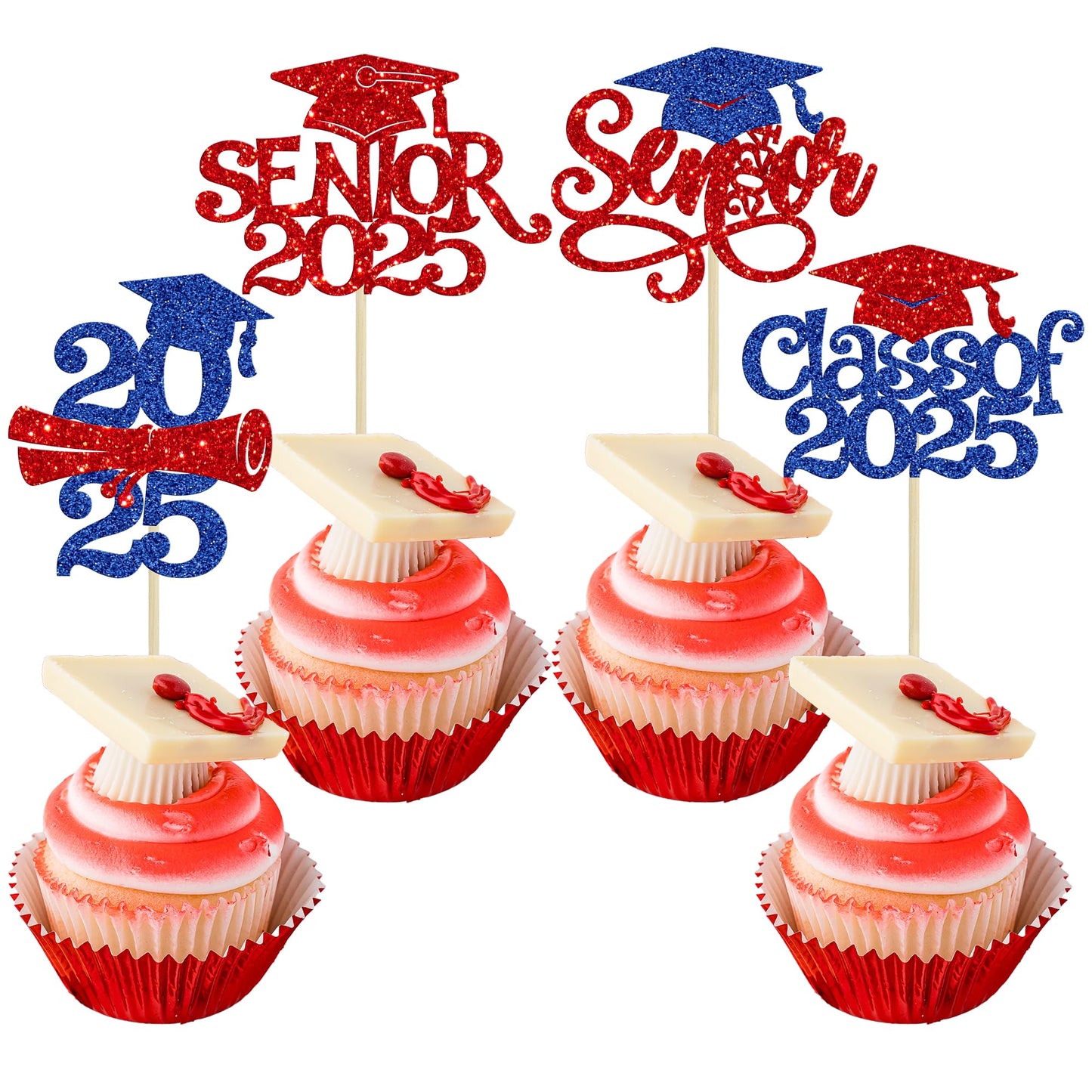 Gyufise Graduation Cupcake Toppers, 24 Pcs, Glitter Design, Class of 2025, Paper, Blue Red