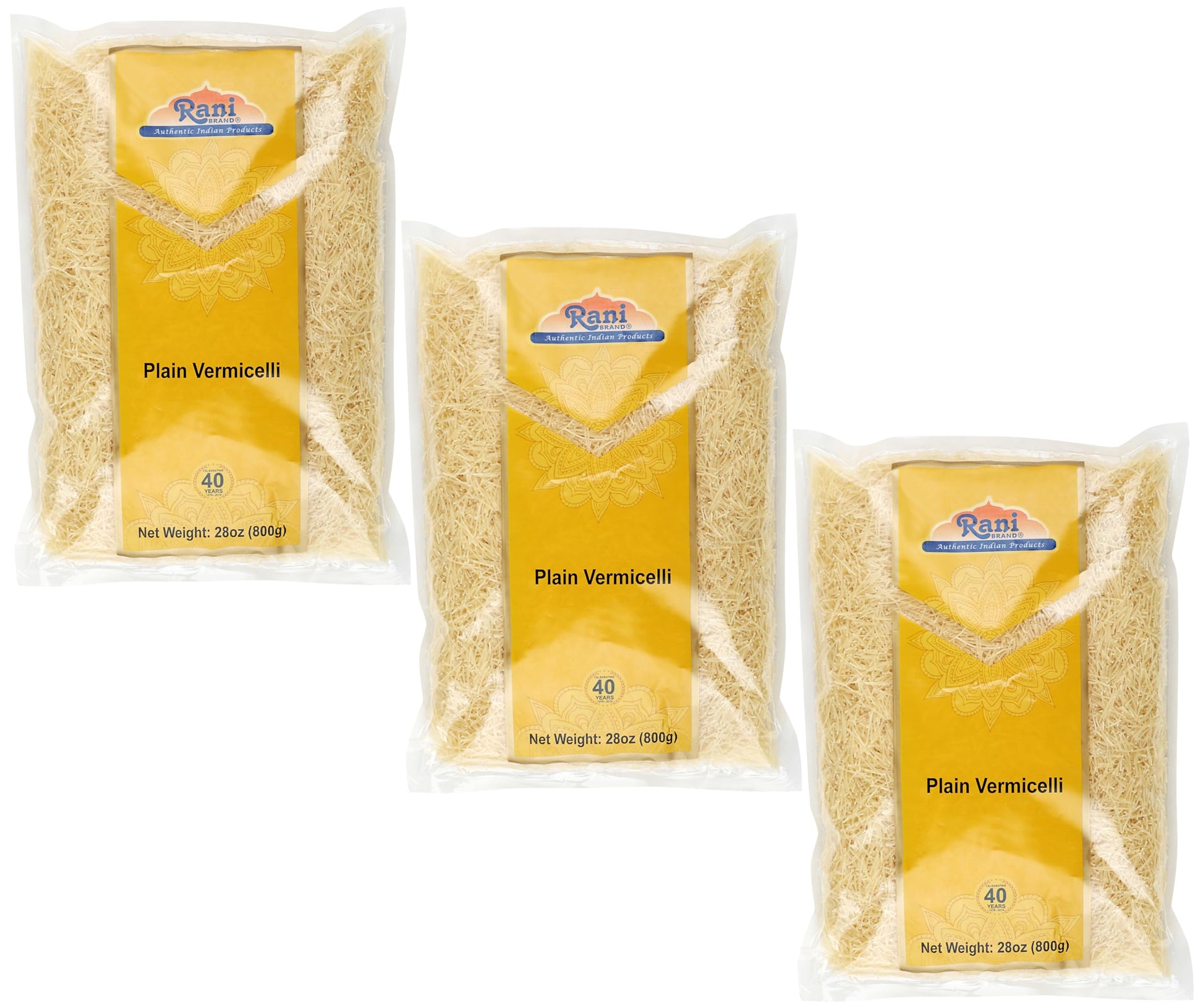 Rani Plain Vermicelli (Wheat Noodles) 28oz (1.75lbs) 800g, Pack of 3 ~ All Natural | Vegan | NON-GMO | Indian Origin