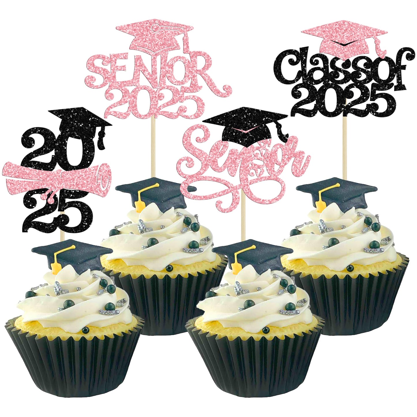 Gyufise 24Pcs Graduation Cupcake Toppers, Glitter Senior Class of 2025, Paper, Pink
