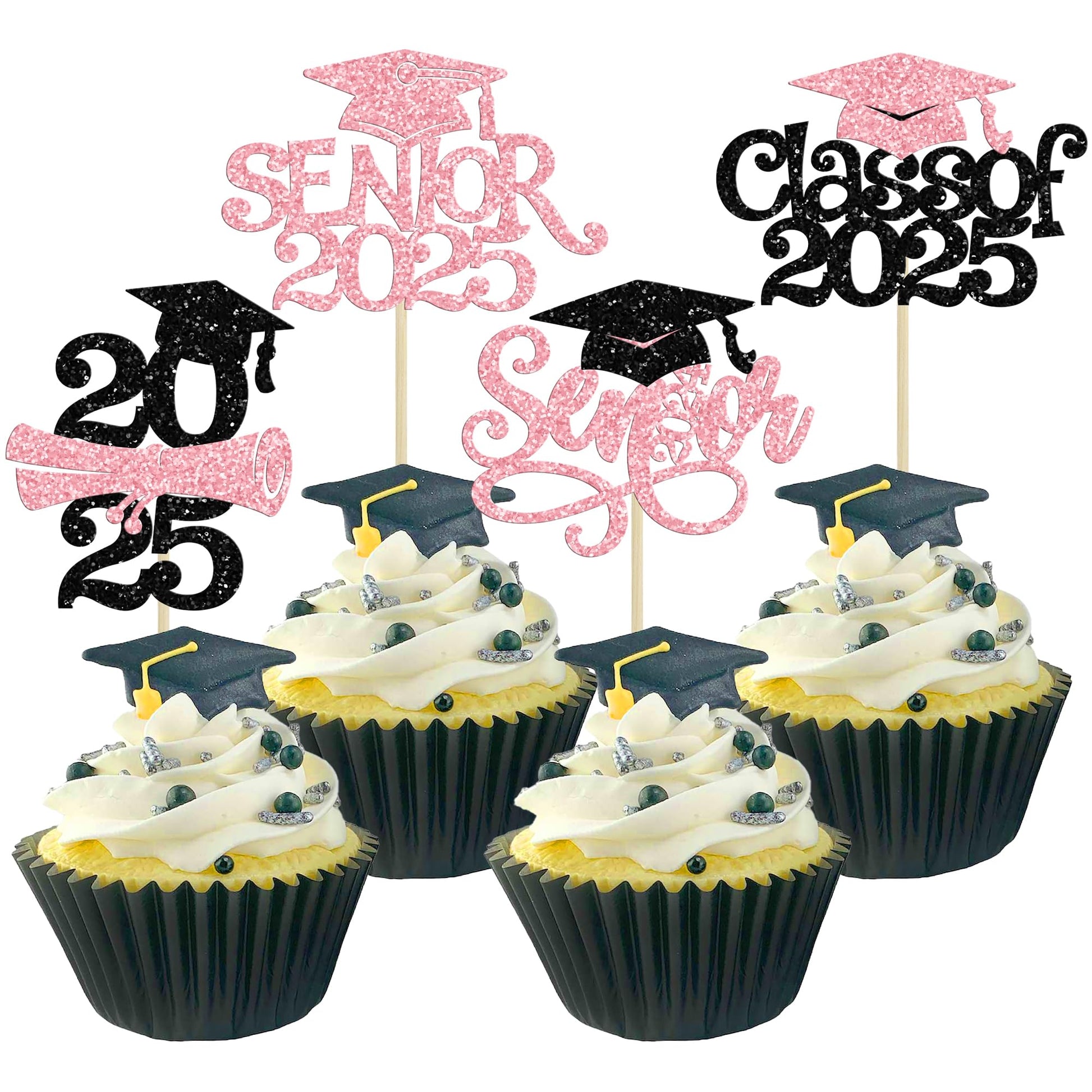 Gyufise 24Pcs Graduation Cupcake Toppers, Glitter Senior Class of 2025, Paper, Pink