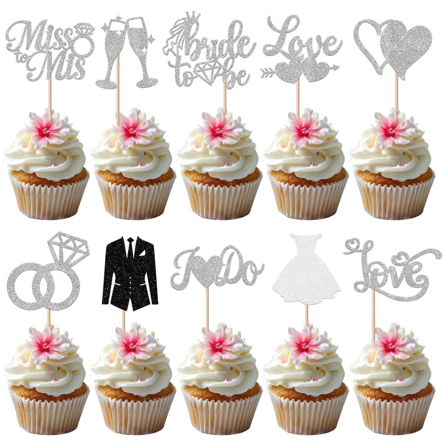 YCTHUNFISH 30 Pack Glitter Diamond Ring Cupcake Toppers for Bridal Shower, Wedding, Bachelorette, Silver