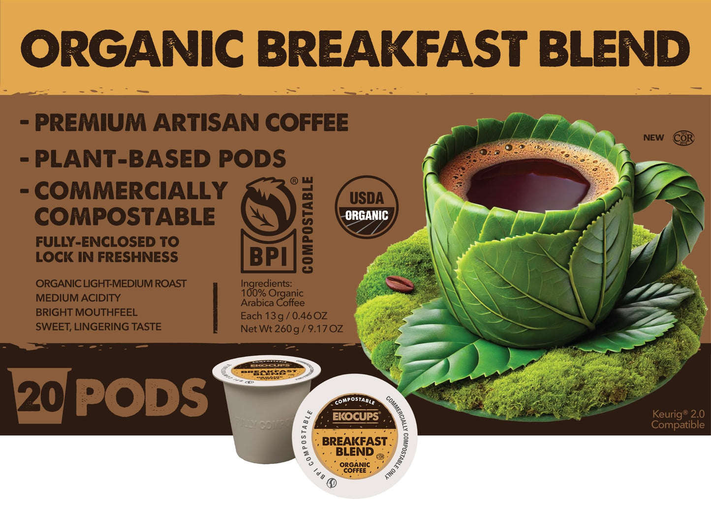 Ekocups Organic Breakfast Blend Coffee Pods - Light Roast  Compostable  Plant-Based & Freshness-Sealed - French Press-Quality Brew - Keurig Compatible  20ct