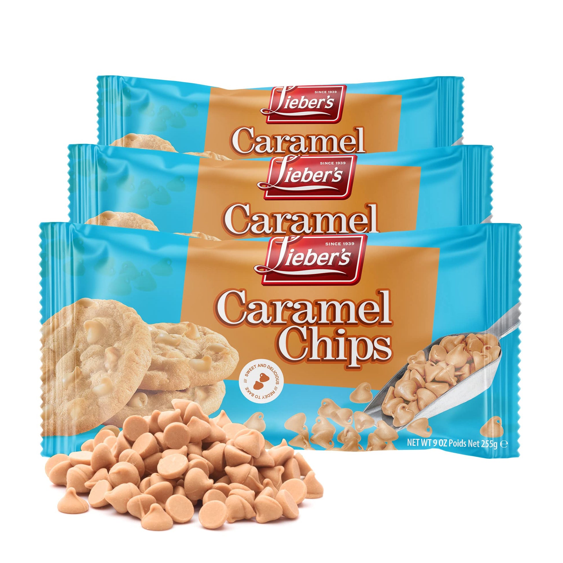 Liebers Real Caramel Chips, Baking Chips, Certified Kosher, 9 Oz Pack of 3