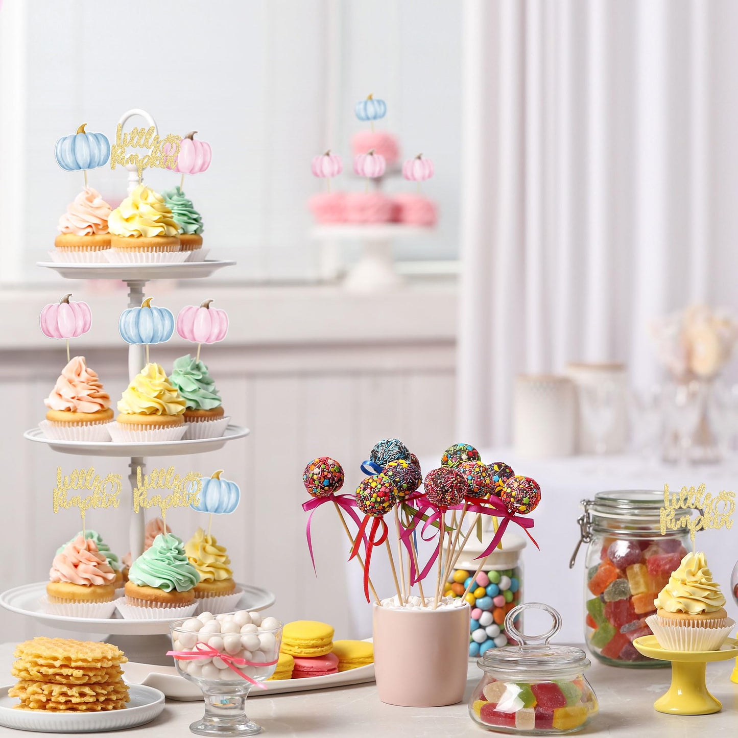 Gyufise 24Pcs Little Pumpkin Cupcake Toppers Blue Pink Pumpkin Cake Toppers Gender Reveal Cake Decorations For Thanksgiving Birt