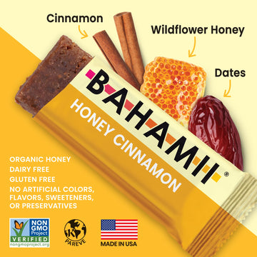 Bahamii Snack Bars, Gluten Free, Made with Dates & Nuts, Healthy Snacks, 12 Pack, Honey Cinnamon