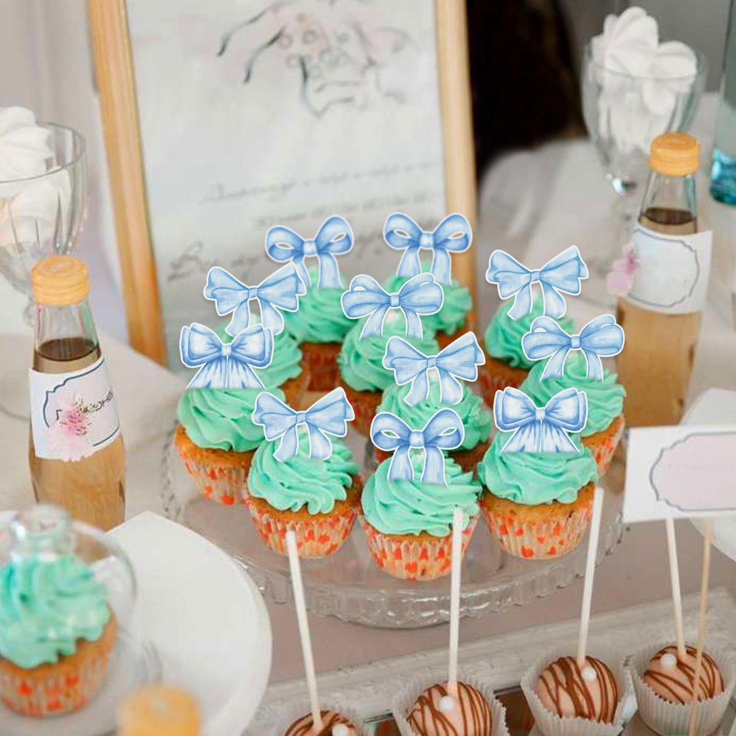 Cyodoos 40Pcs Edible Blue Bowknot Cupcake Toppers Wafer Paper Bowknot Cake Dessert Picks Baby Shower Princess Cupcake Toppers Fo