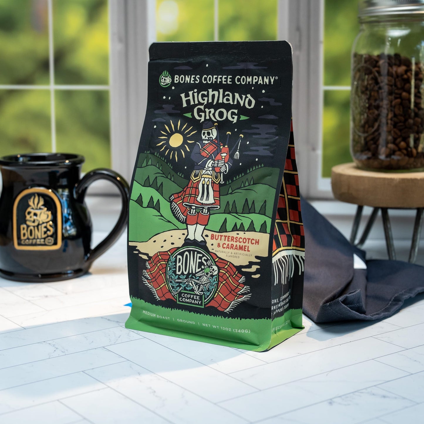 Bones Coffee Company Highland Grog Flavored Coffee Beans & Ground Coffee Butterscotch Caramel Flavor | 12 Oz Medium Roast Arabica Low Acid Coffee | Gourmet Coffee (Whole Bean)