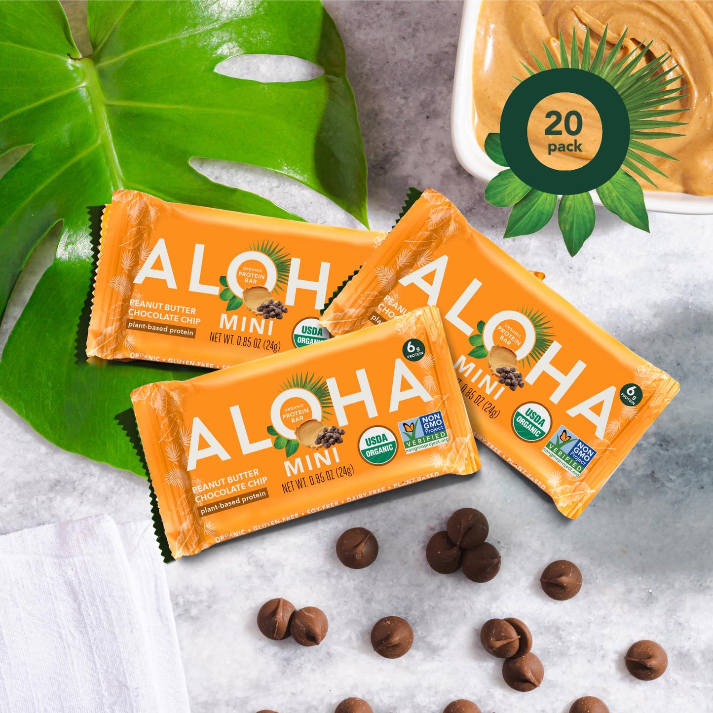 ALOHA Organic Plant Based Protein Bar MINIS |Peanut Butter Chocolate Chip | 20 Count, 24g Bars | Vegan, Low Sugar, Gluten Free,