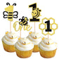 24 Pcs Bee One Cupcake Toppers Black And Gold Glitter Honeycomb Number 1 Bee Cupcake Picks 1St Birthday Cake Decoration For Bumb
