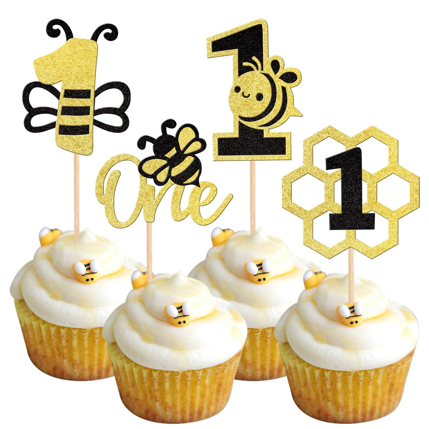 24 Pcs Bee One Cupcake Toppers Black And Gold Glitter Honeycomb Number 1 Bee Cupcake Picks 1St Birthday Cake Decoration For Bumb