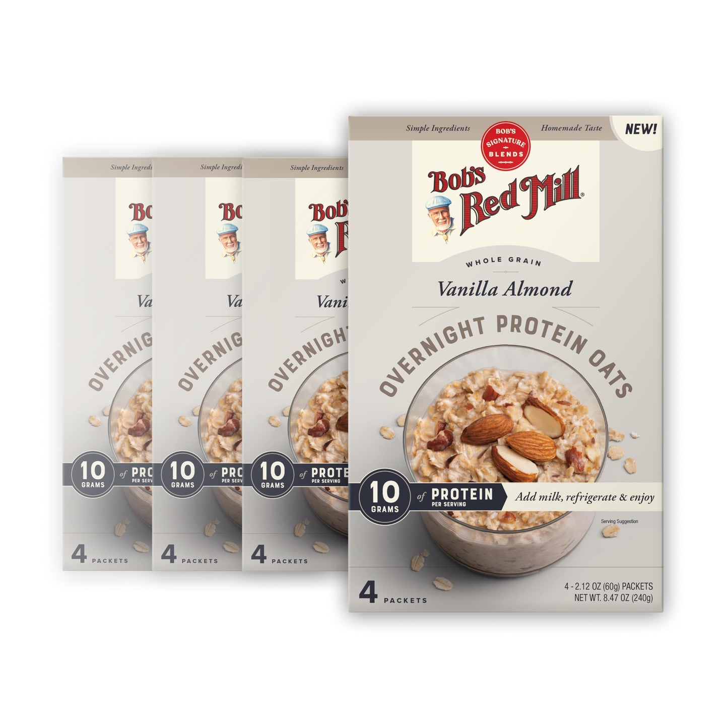 Bob s Red Mill Overnight Protein Oat, Vanilla Almond, 16 Packets Total (4 Boxes/4 Packets per Box), Non-GMO, Gluten Free, Whole