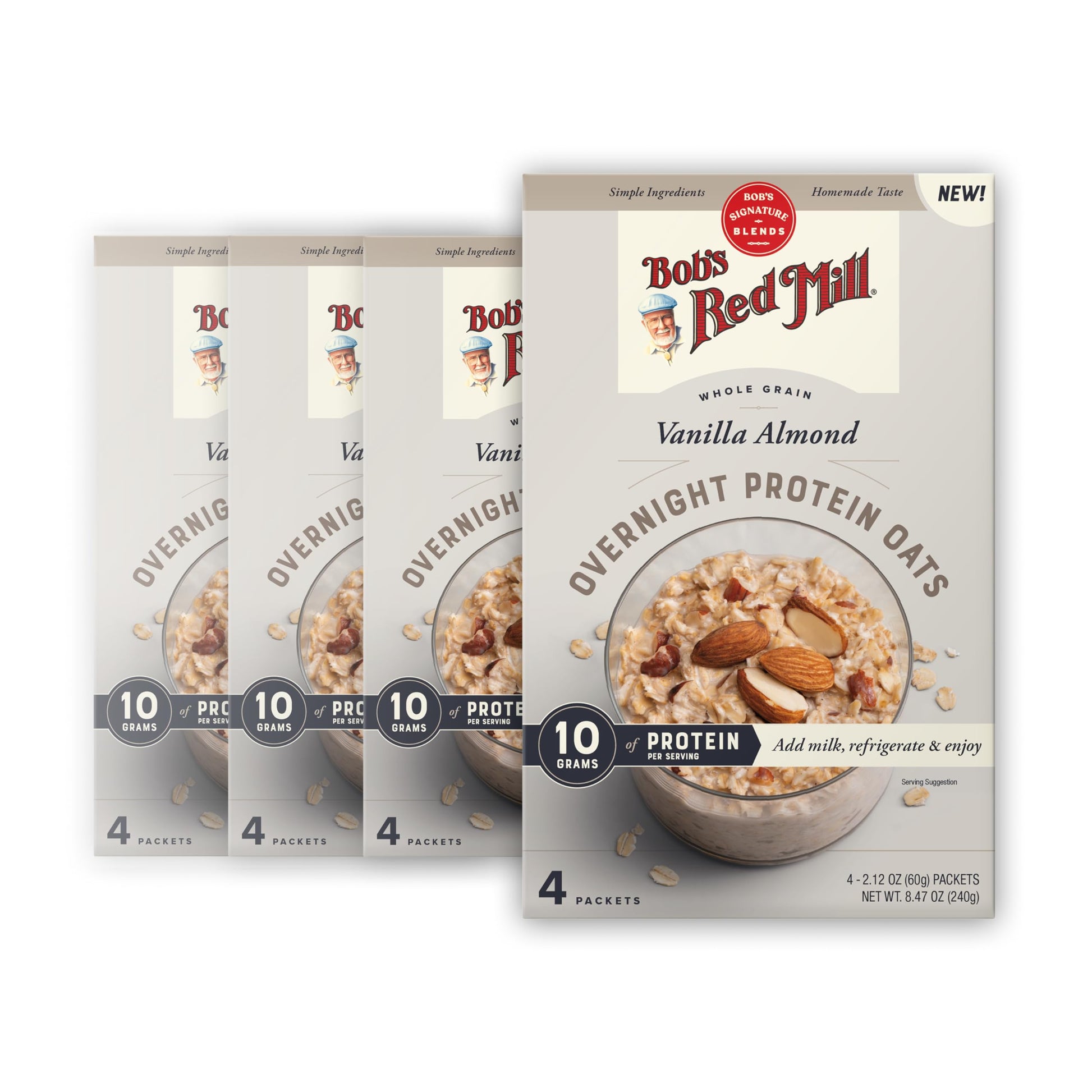 Bob s Red Mill Overnight Protein Oat  Vanilla Almond  16 Packets Total (4 Boxes/4 Packets per Box)  Non-GMO  Gluten Free  Whole Grain