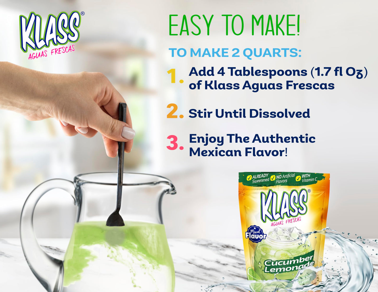 Klass Aguas Frescas | Drink Mix Cucumber Limeade | Flavors From Natural Sources, No Artificial Flavors, With Vitamin C (Makes 7 To 9 Quarts) 14.1 Oz Family Pack (4-Pack)
