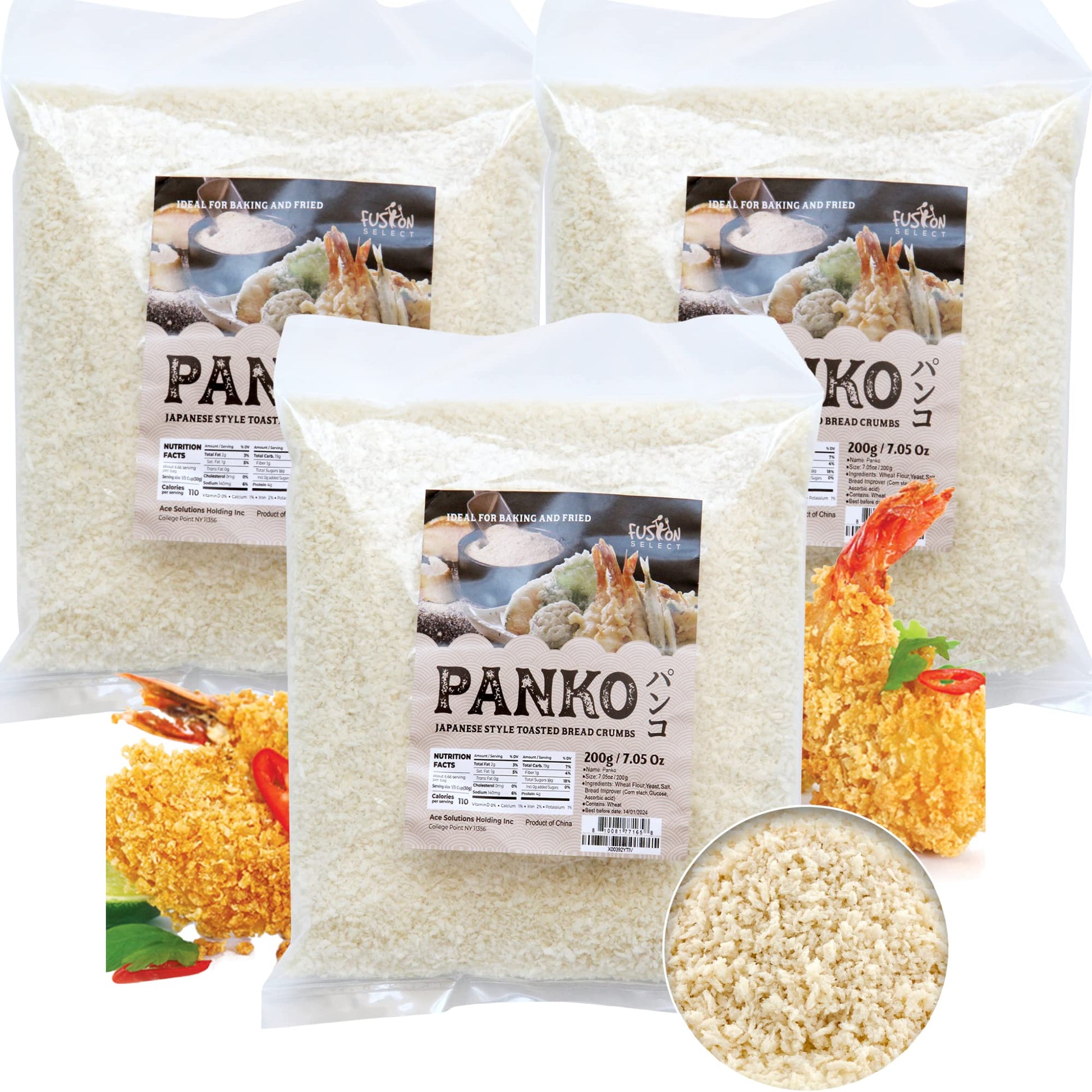 Fusion Select 3 Packs Panko Bread Crumbs - Japanese-Style Toasted Vegan Panko Breadcrumbs for Breading, Frying, Baking - For Fri