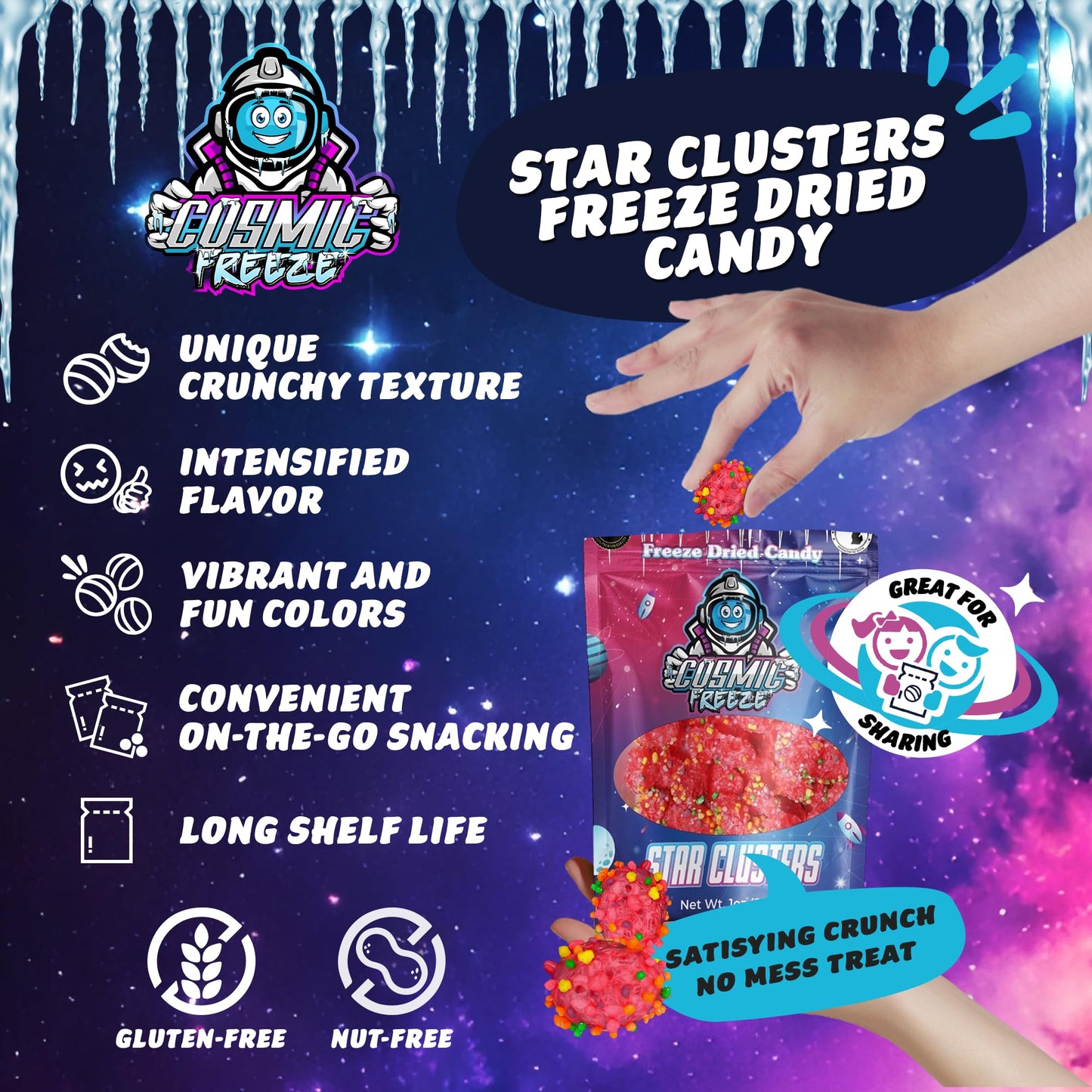 Cosmic Freeze Berry Star Clusters Dried Candy, Crunchy Dry Candy For Mix-In Snacks Dried, Gluten-Free, Made In Usa, 1.0 Oz, 3-Pa