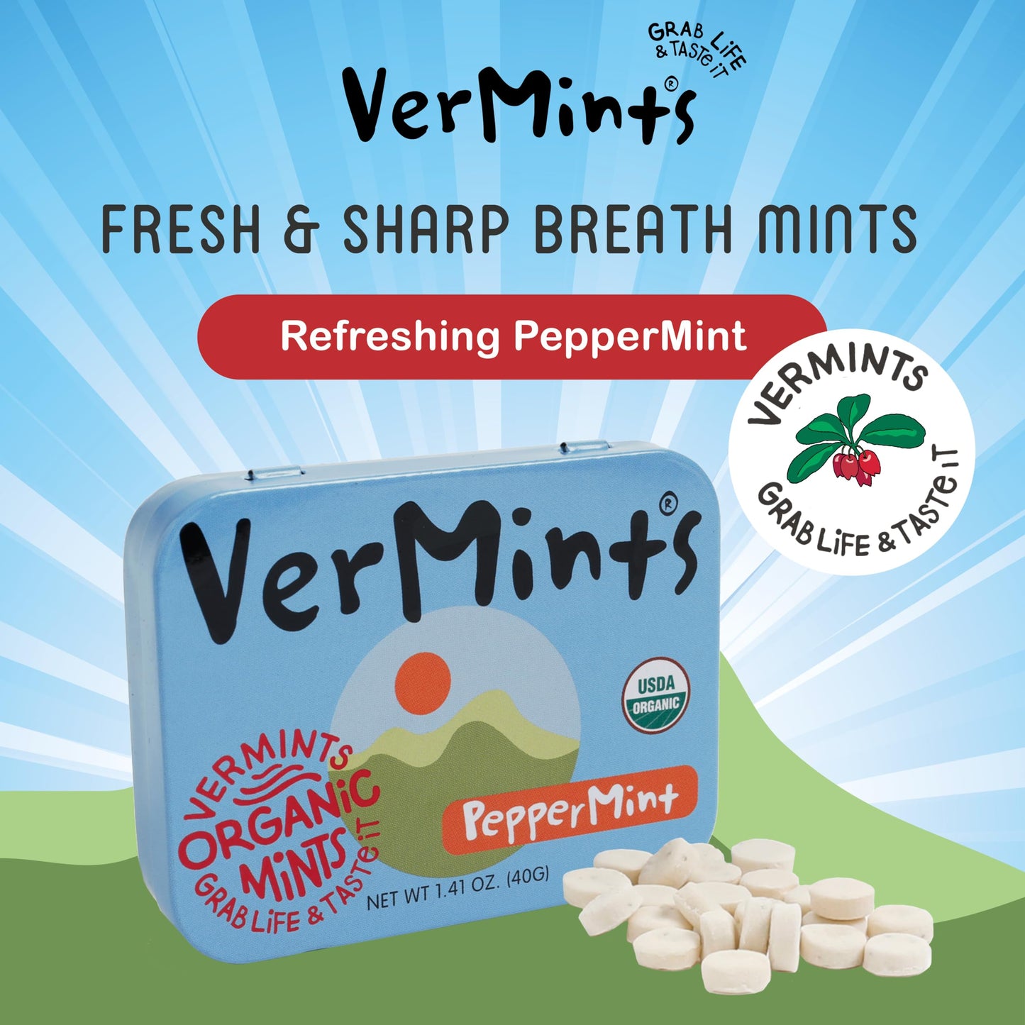 Organic Breath Mints by VerMints, PepperMint Flavor, All Natural, Non-GMO, Nut Free, Gluten Free, Vegan, KSA Kosher, Pack of 6,
