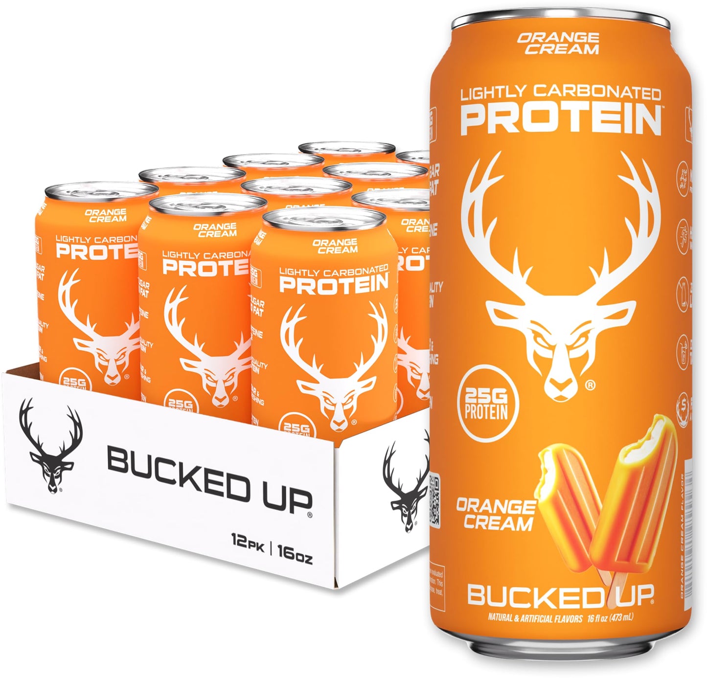 Bucked Up Protein Soda - Lightly Carbonated, Zero Sugar, 25g Whey Isolate - 12 Pack, 16 oz Cans (Orange Cream)
