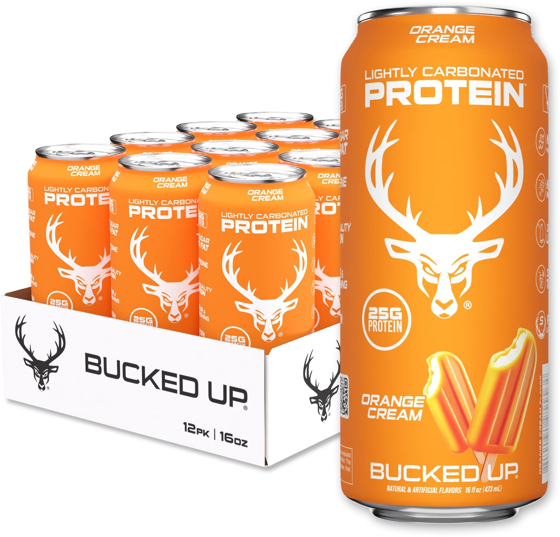 Bucked Up Protein Soda - Lightly Carbonated, Zero Sugar, 25g Whey Isolate - 12 Pack, 16 oz Cans (Orange Cream)