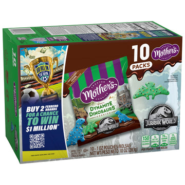 Mothers Chocolatey Dynamite Dinosaurs Cookies, Inspired by Jurassic World, Individually Wrapped Treats, 10-Pack Box, 10 oz