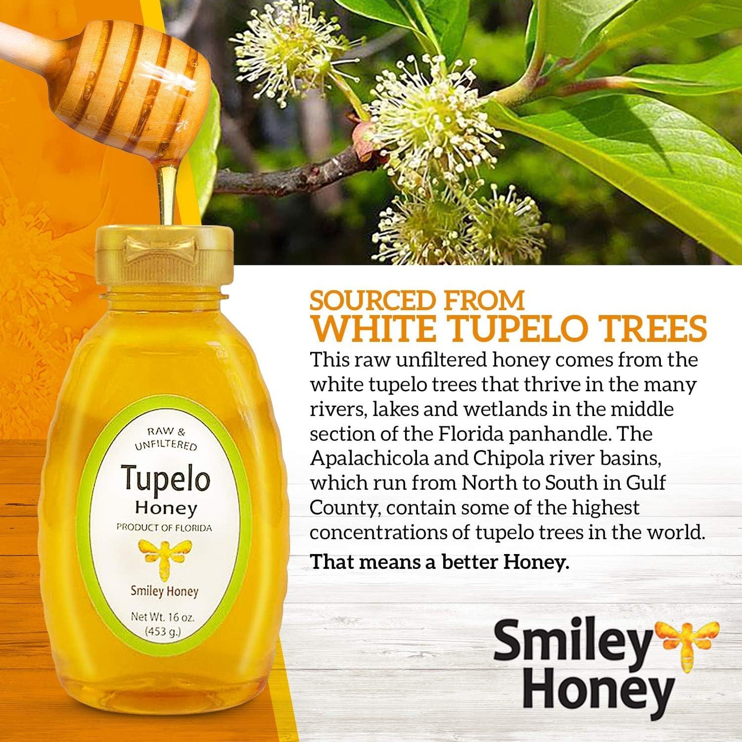 Smiley Honey 100% Tupelo Honey, Rare, Raw and Unfiltered, Certified Kosher (8oz)