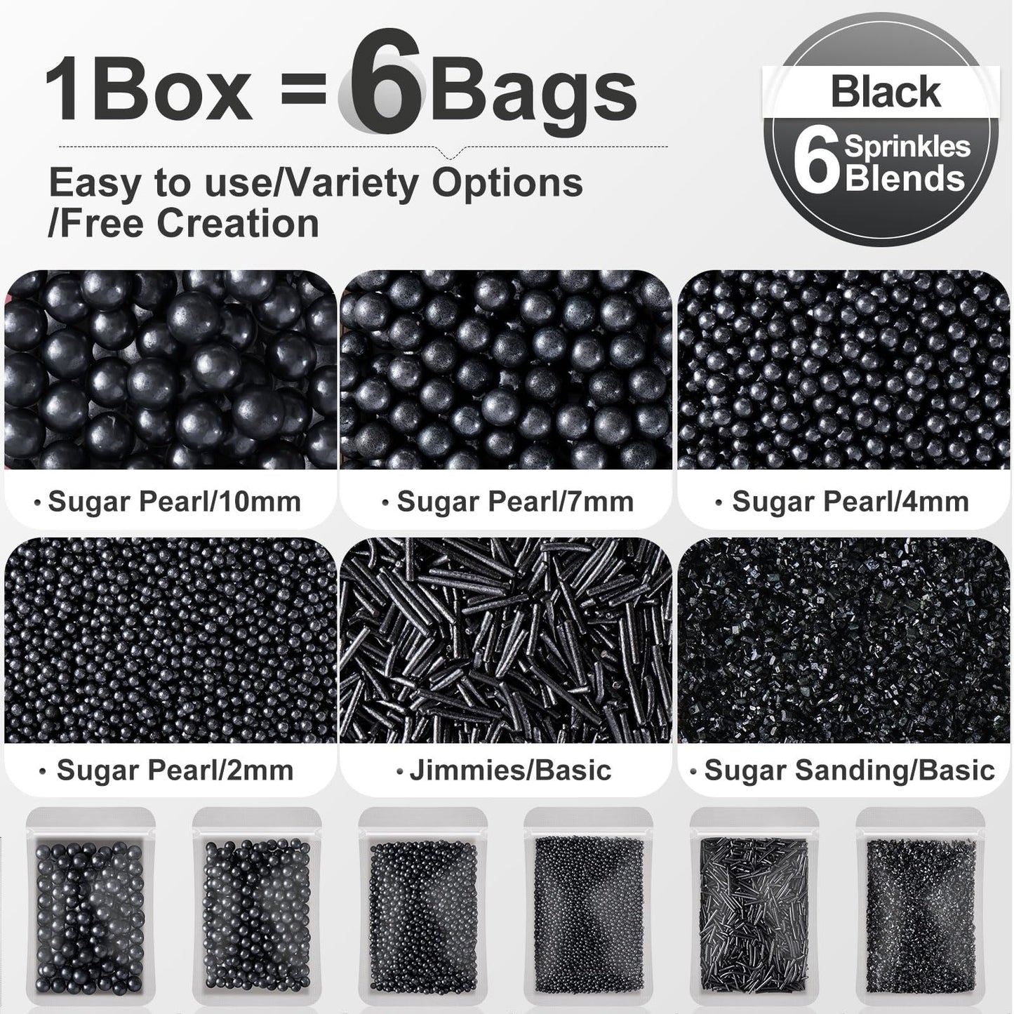 HUEBEATY 6-in-1 Black Edible Cake Pearls Sprinkles for Cake Cookies Decorating and Baking | 180g/6.36oz | Black Sanding Sugar fo