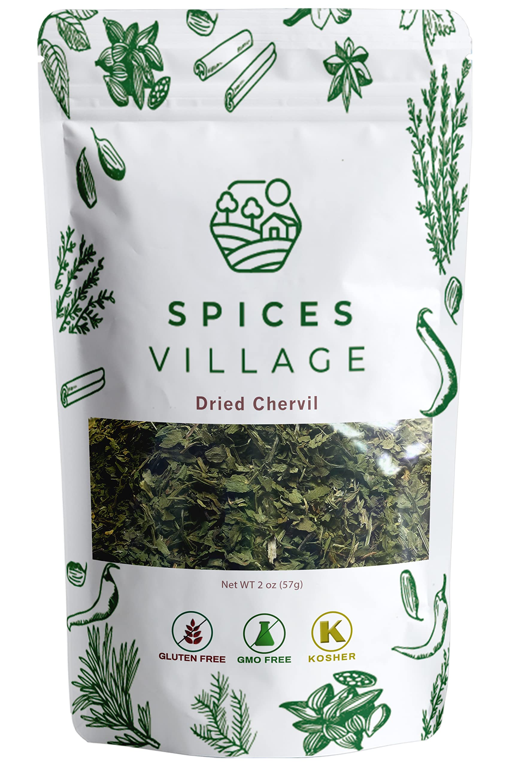 Spices Village Dried Chervil [ 2 Oz ] - French Parsley, Fresh Dried Chervil Herb, Sweet Cicily - Kosher, Gluten Free, Vegan, Non