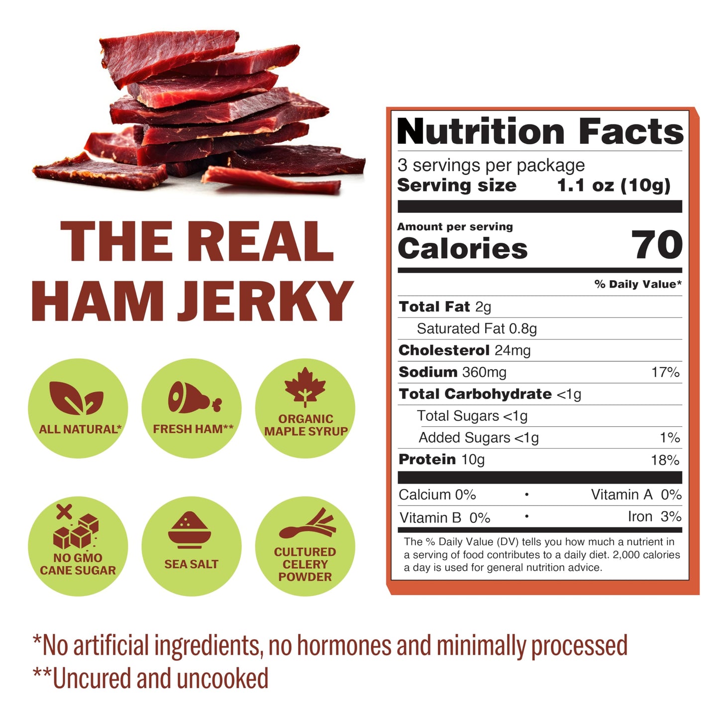 Bezerky Jerky Premium Ham Jerky, Low Fat High Protein, Gluten-Free, 3.3 Ounce Pack of 3