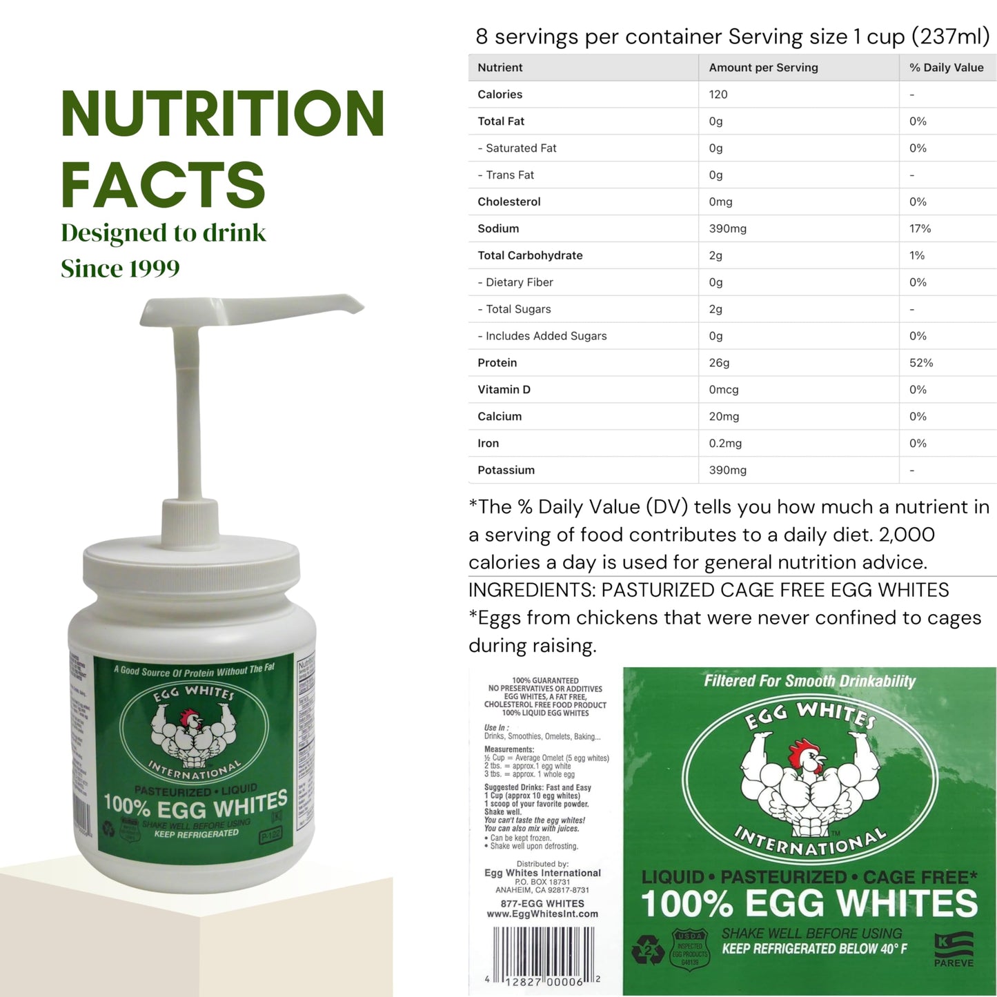 Egg Whites International 100% Pure Liquid Egg White Protein Designed to Drink. Now 100% CAGE Free (2 Gallons 2 Half Gallons & Pu