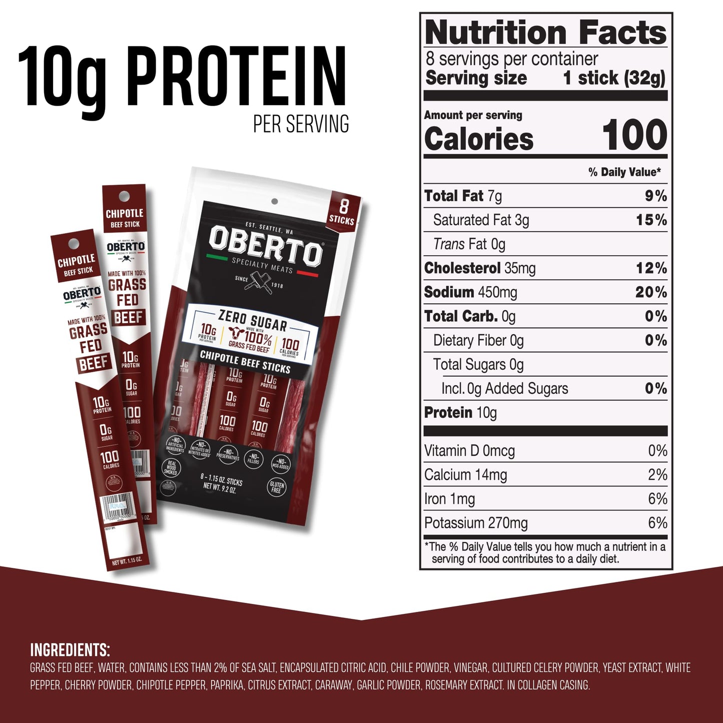 Oberto Grass Fed Beef Sticks - Chipotle  Zero Sugar  No Artificial Ingredients  High Protein  Gluten Free  Wood Smoked  enhanced Grass Fed Meat Sticks  High Protein Snacks  1.15 Ounce (Pack of 8)