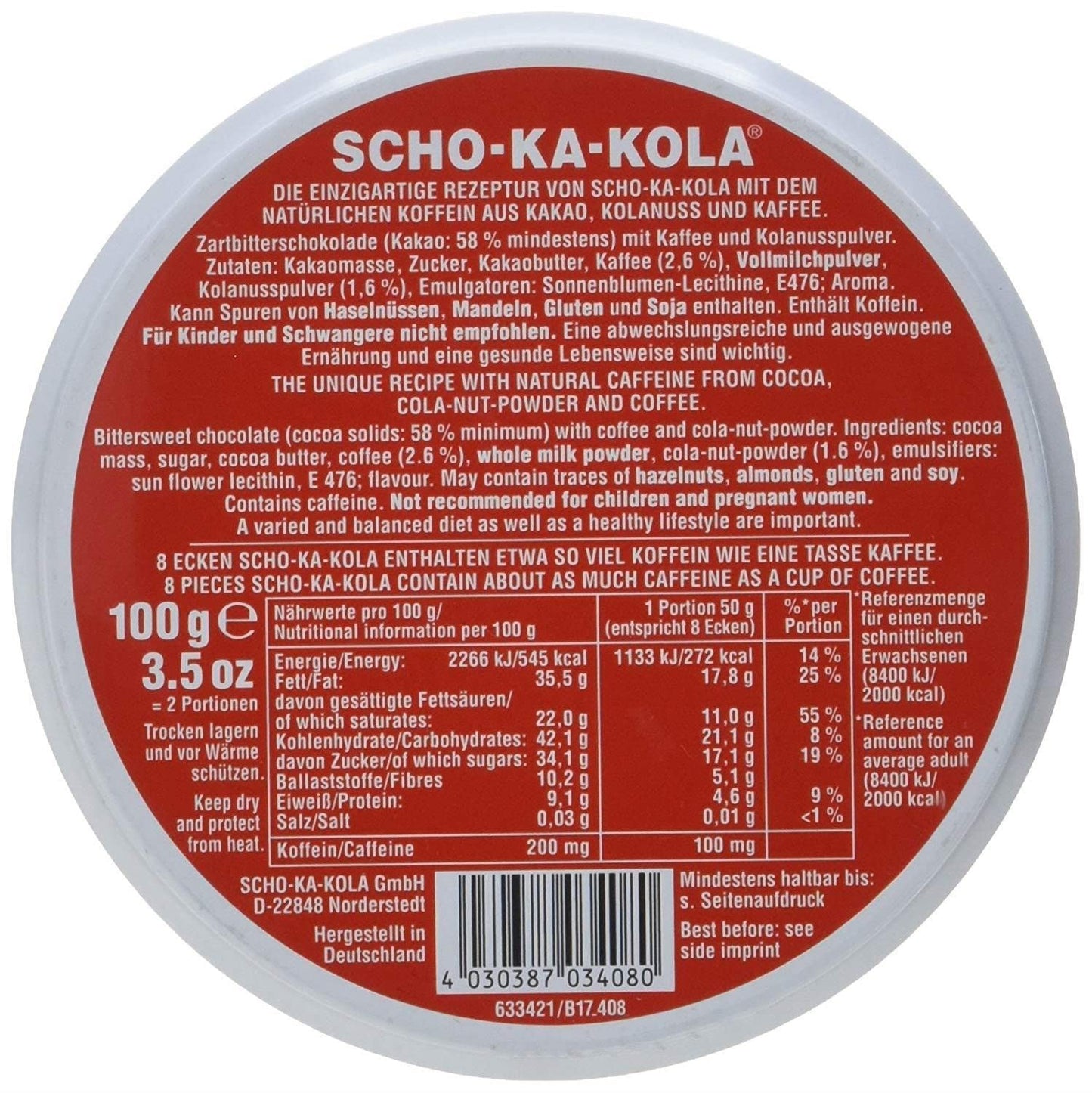 Militar SCHO-KA-KOLA Dark Chocolate with Natural Caffeine, 2 Tins x 100g, Germany