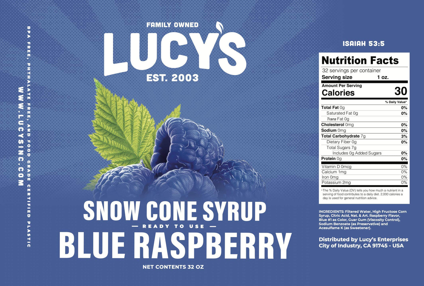 Lucys Shaved Ice Snow Cone Syrup - Blue Raspberry - 32 oz Bottle