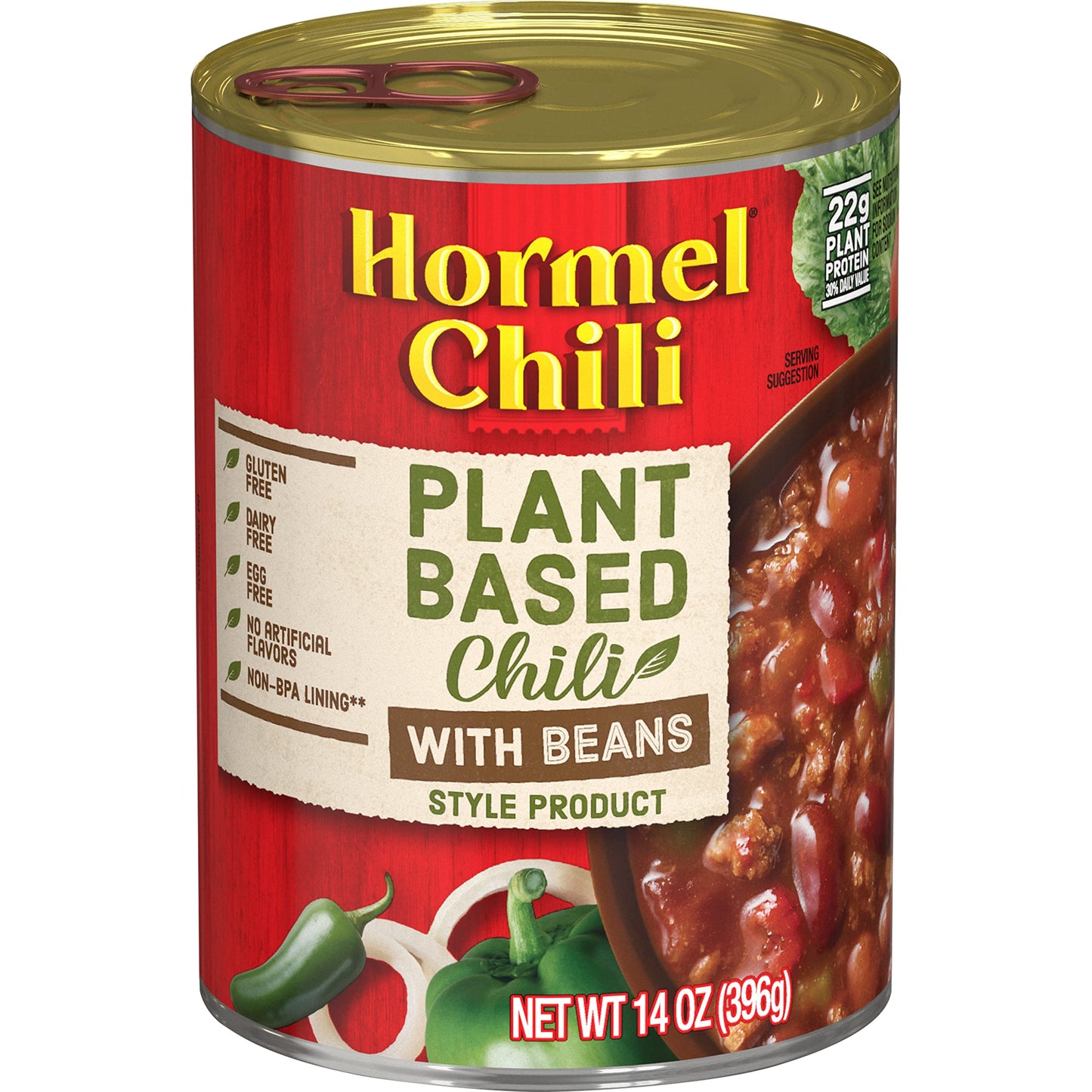 HORMEL Chili Plant-Based Chili With Beans (Pack of 12)  14 oz  22g Protein per Serving  Gluten-Free  Egg-Free  Dairy-Free  No Artificial Flavors Added- Great for Bowls  Dips  Hot Dogs and Appetitizers
