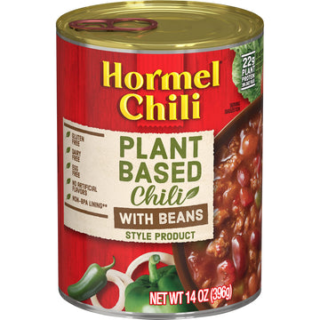 HORMEL Chili Plant-Based Chili With Beans (Pack of 12)  14 oz  22g Protein per Serving  Gluten-Free  Egg-Free  Dairy-Free  No Artificial Flavors Added- Great for Bowls  Dips  Hot Dogs and Appetitizers