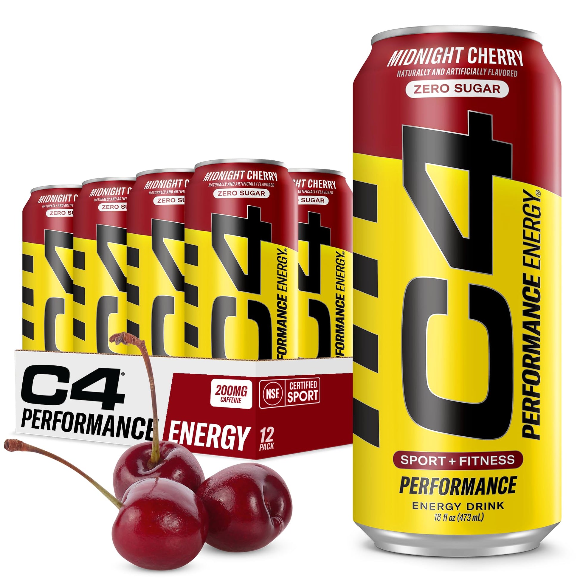 Cellucor C4 Energy Drink, Carbonated Zero Sugar, Pre Workout, Beta Alanine, Midnight Cherry, 16 Fl Oz, Pack of 12