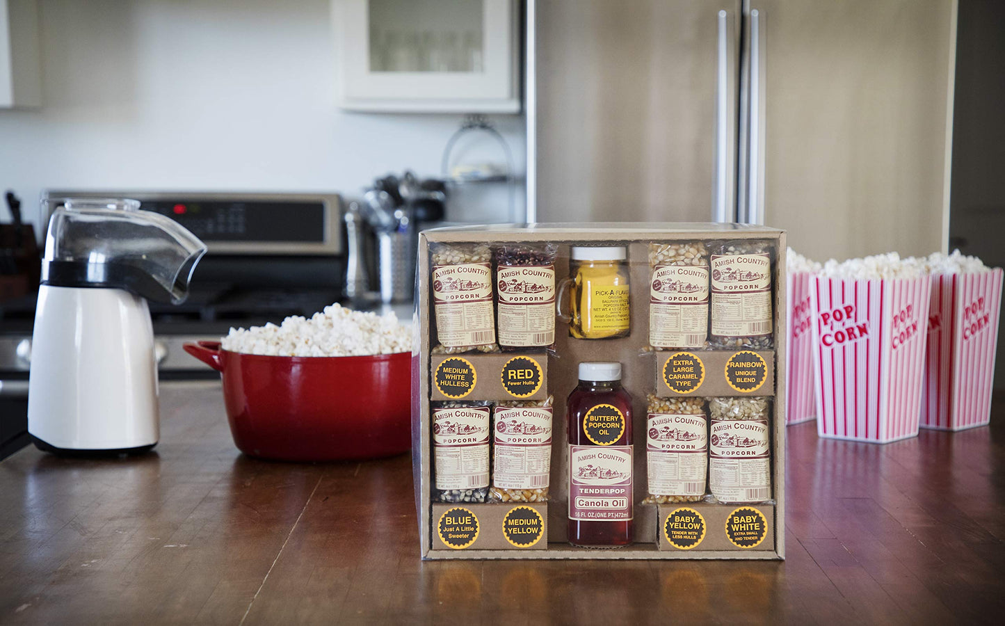 Amish Country Popcorn | 8-4 oz Bags | Stovetop Popping Sampler Pack with Canola Oil - 16 oz and BallPark ButterSalt - 4.5 oz | O
