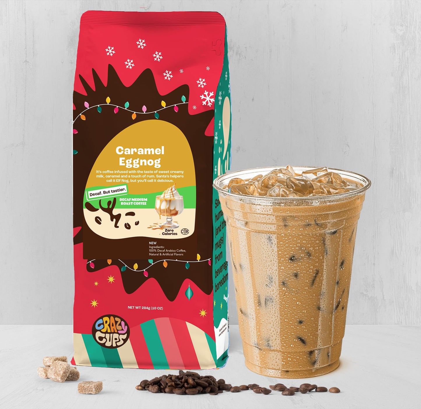 Crazy Cups Flavored Ground Decaf Eggnog Coffee, Decaffeinated Caramel Eggnog Coffee In 10 Oz Bag, For Brewing Flavored Hot Or Ic