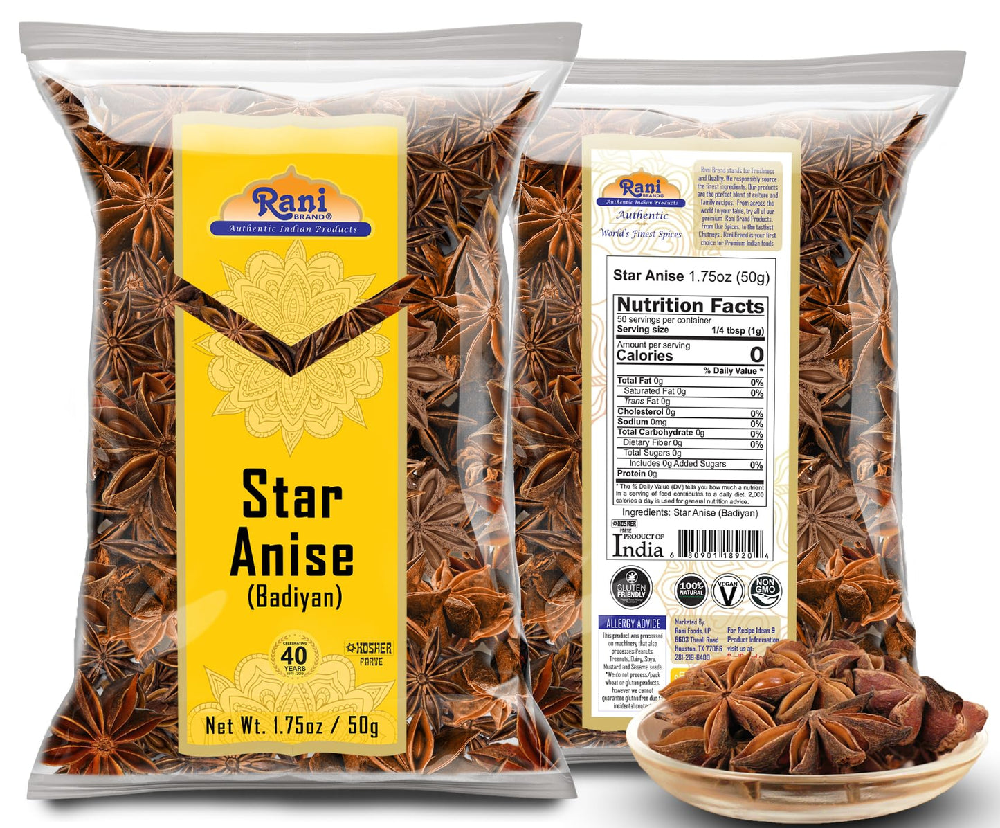 Rani Star Anise Seeds, Whole Pods (Badian Khatai) Spice 1.75Oz (50G) ~ All Natural | Gluten Friendly | Non-Gmo | Kosher | Vegan | Indian Origin
