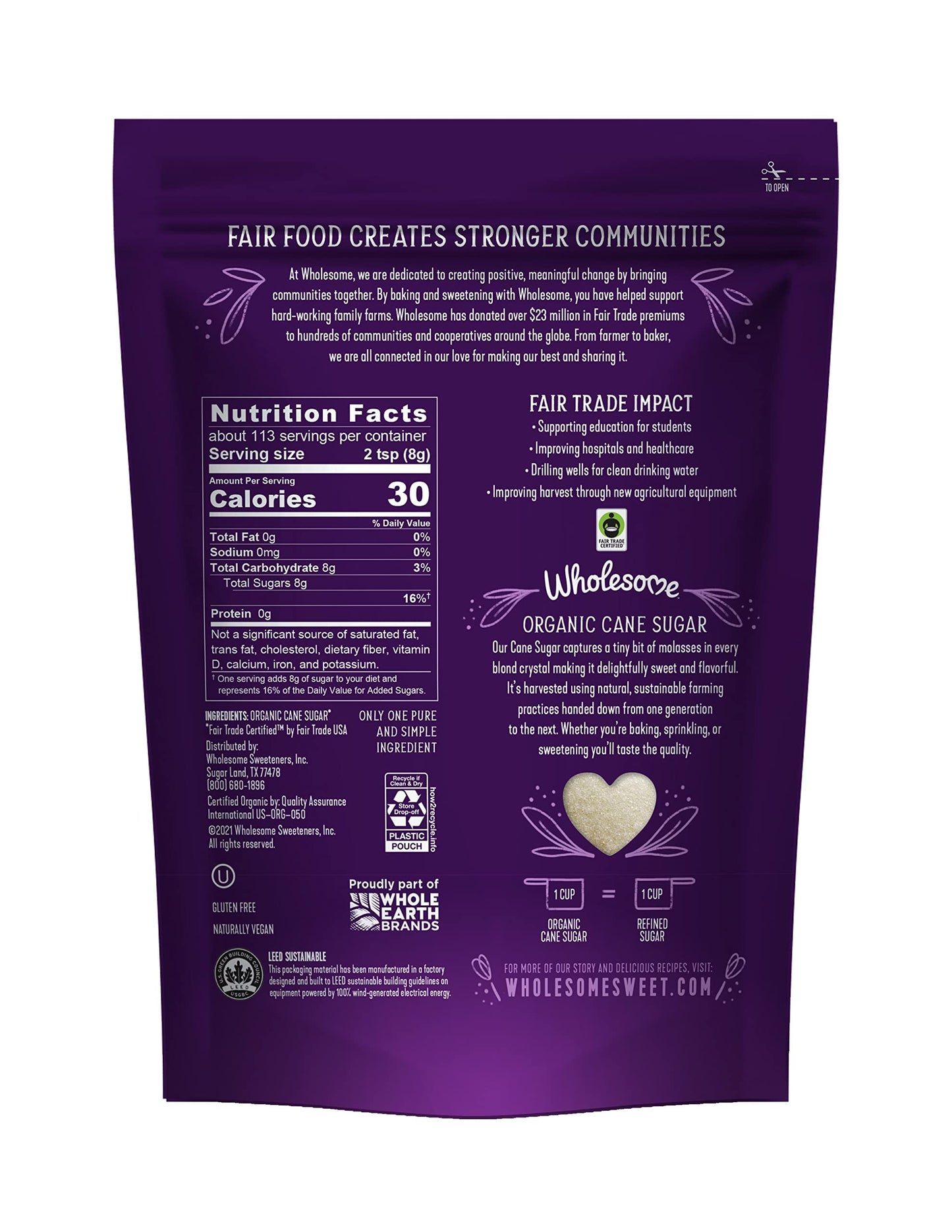 Wholesome Sweeteners 32-Ounce Organic Cane Sugar, Fair Trade, Non GMO, Gluten Free, Pure & Vegan, for Baking and Sweetening, 12