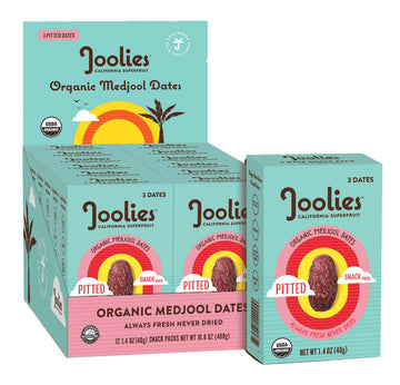 Joolies Organic Medjool Date Snack Pack | 3 Pit-Free Dates, 12 Pack | Fresh California Grown Fruit | Vegan, Gluten-Free, Paleo,