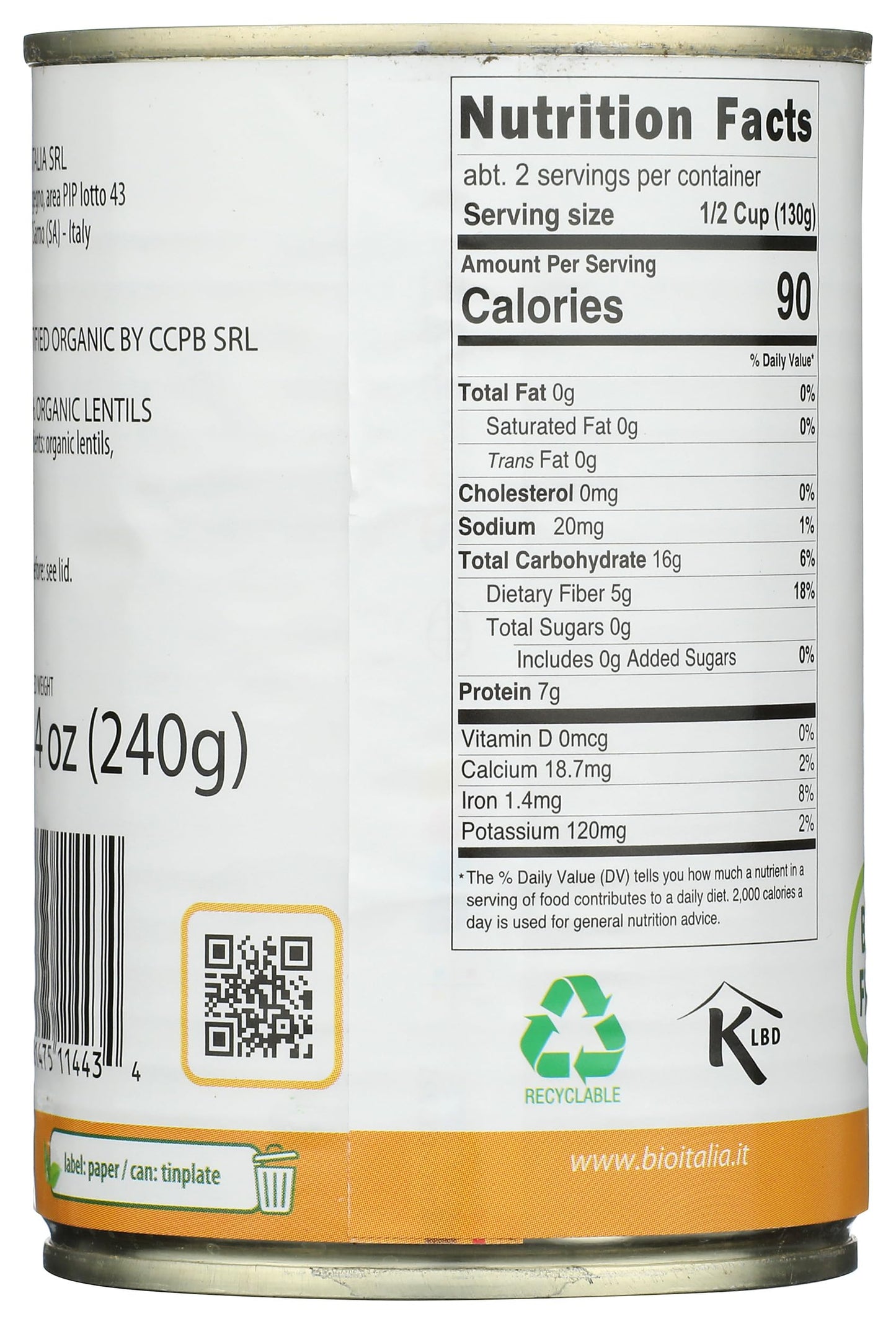 BIOITALIA Organic Canned Green Lentils, 14 OZ