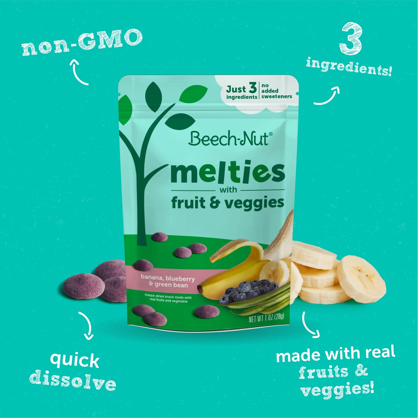Beech-Nut Melties Baby & Toddler Snack Melts, Banana Blueberry Green Bean, 1 oz (7 Pack)